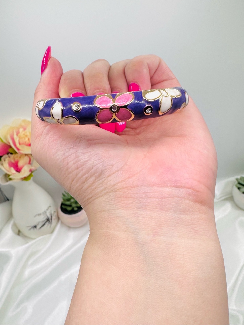 Floral Enamel Bangle Bracelet in Purple and Pink - Picture 4 of 5